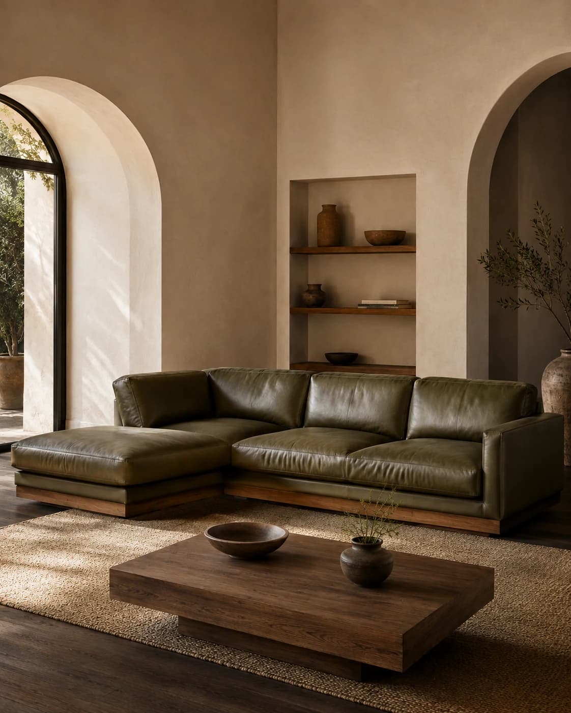 Sofá de cuero verde oliva en una sala de muros de yeso y piso de madera