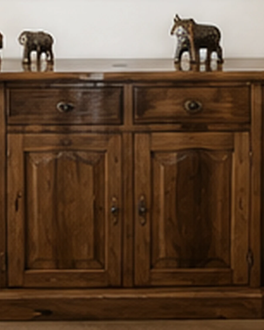 Buffet de madera maciza con puertas de marco y peinazo, cajones y tiradores de bronce