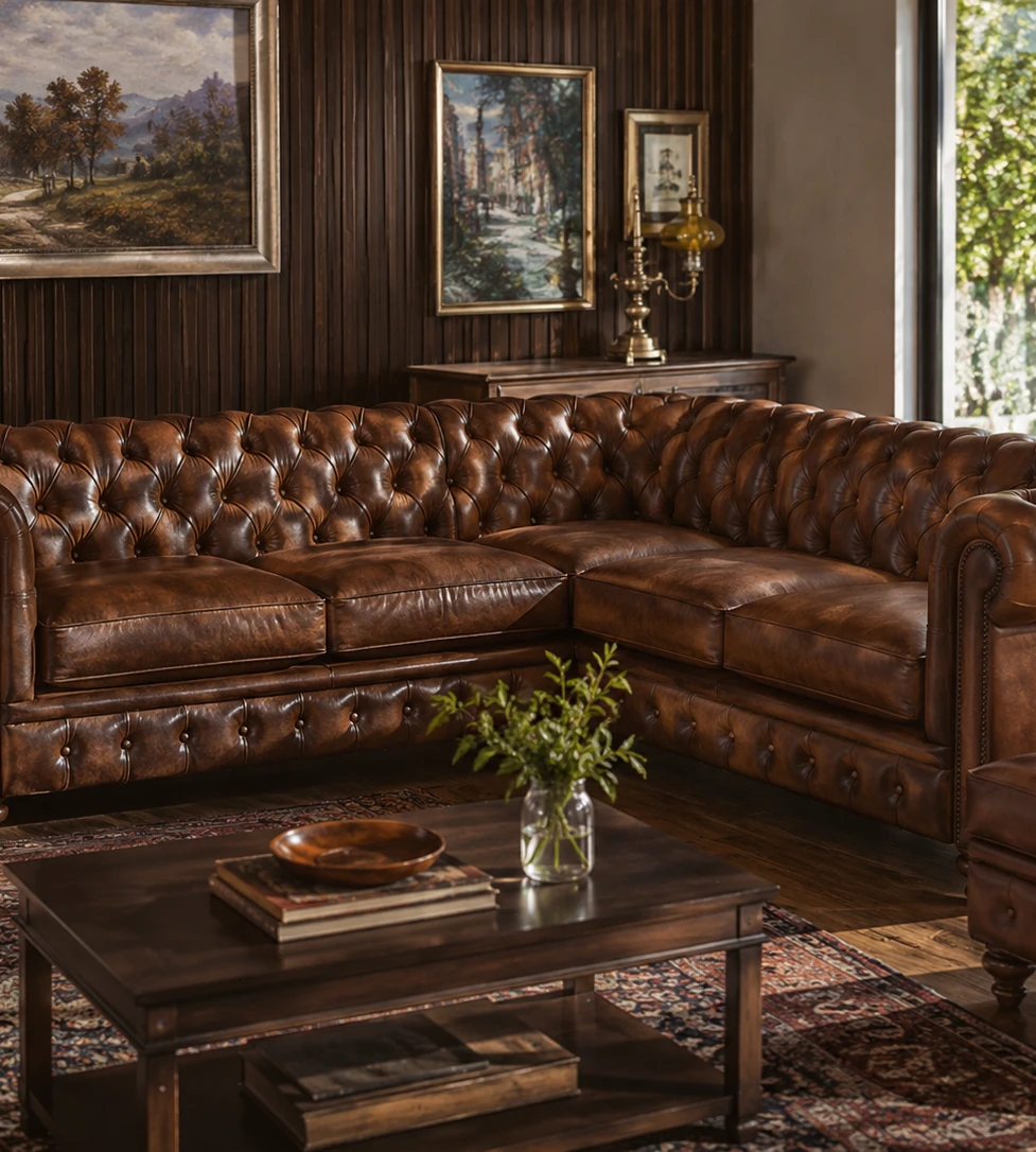 Chesterfield de cuero coñac con capitoné profundo y tachas de bronce, frente a una biblioteca