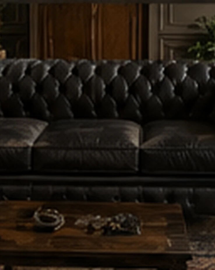 Sofá chesterfield de cuero negro con capitoné y patas torneadas, sobre alfombra