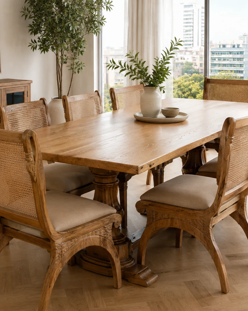 Mesa de comedor de madera maciza con sillas de respaldo enjuncado, junto a un ventanal