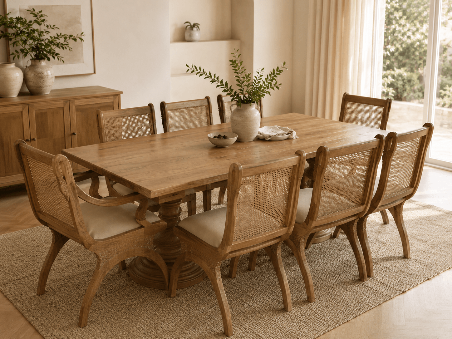 Comedor de madera maciza con sillas de respaldo enjuncado, junto a un ventanal