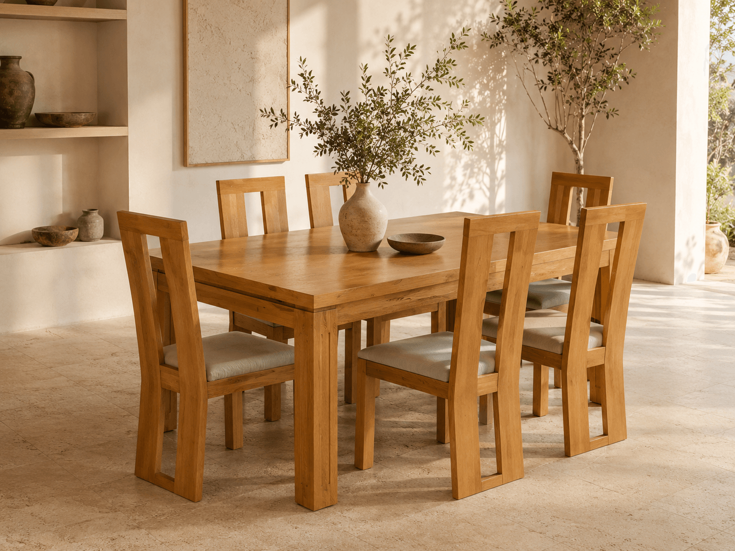 Mesa de comedor de madera clara con patas rectas y sillas de listones a juego, junto a un ventanal