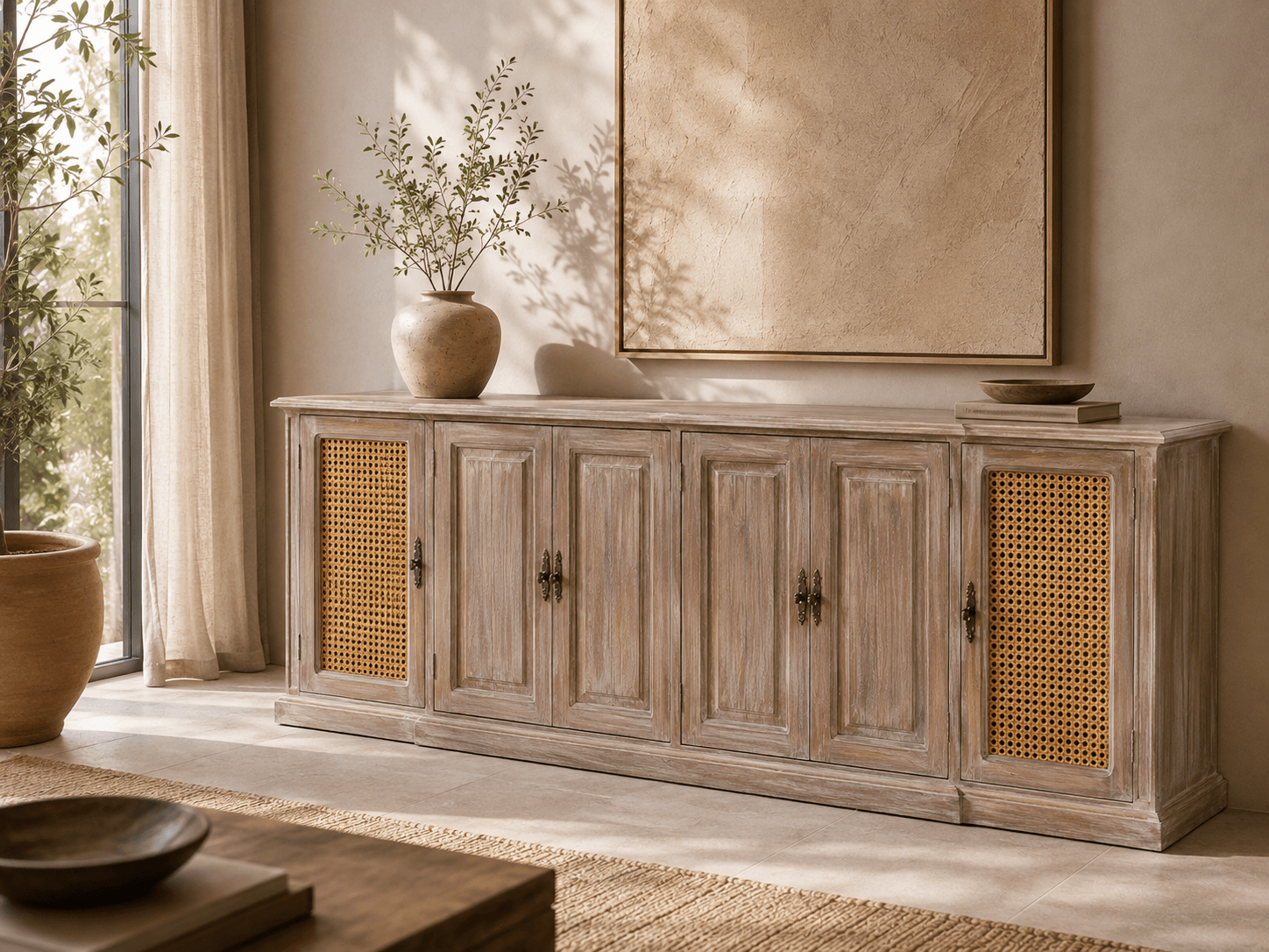 Buffet de madera clara con puertas de rejilla tejida a mano