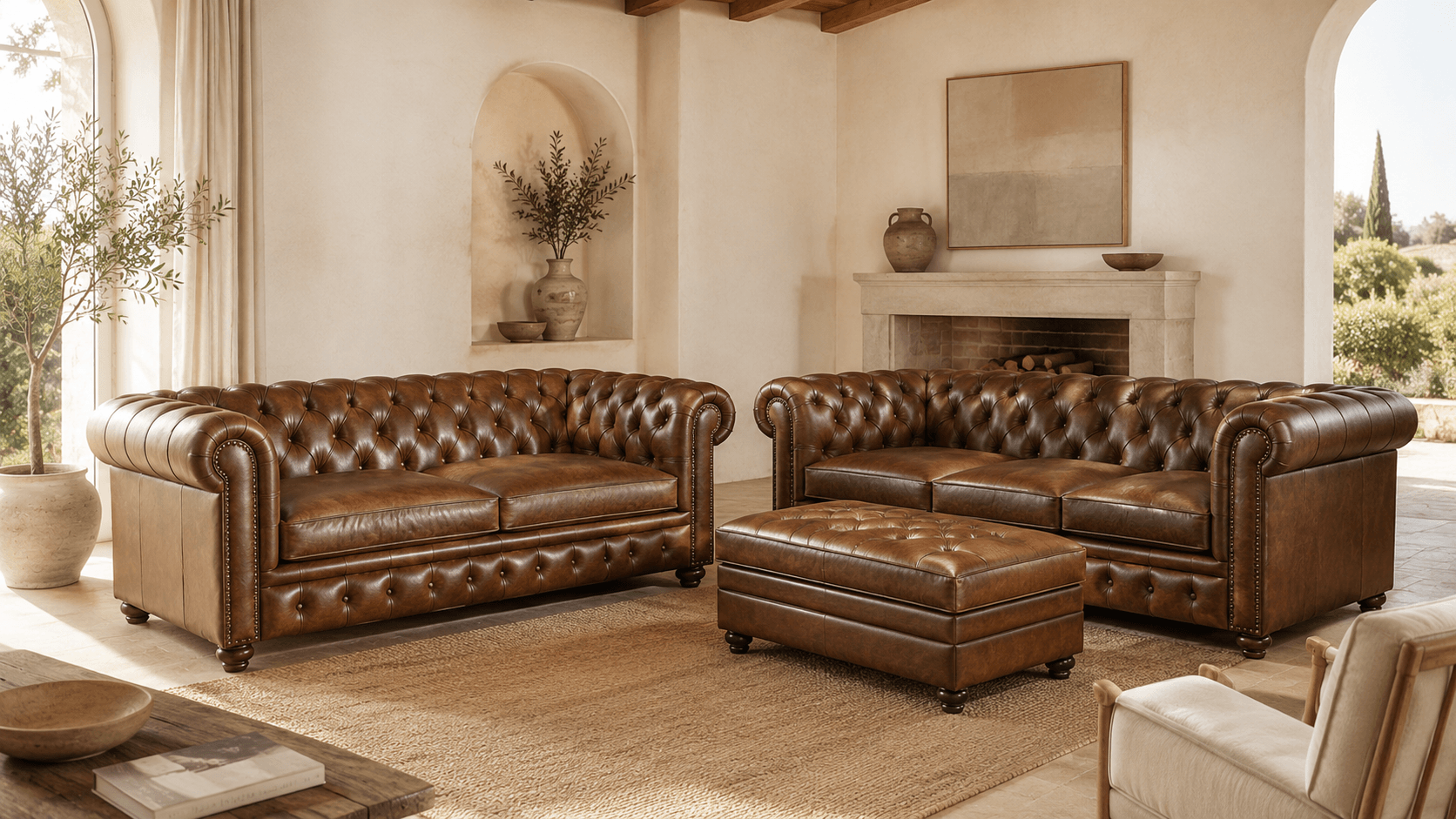 Dos chesterfield de cuero coñac con capitoné y otomana, en un living de muros de cal y luz natural