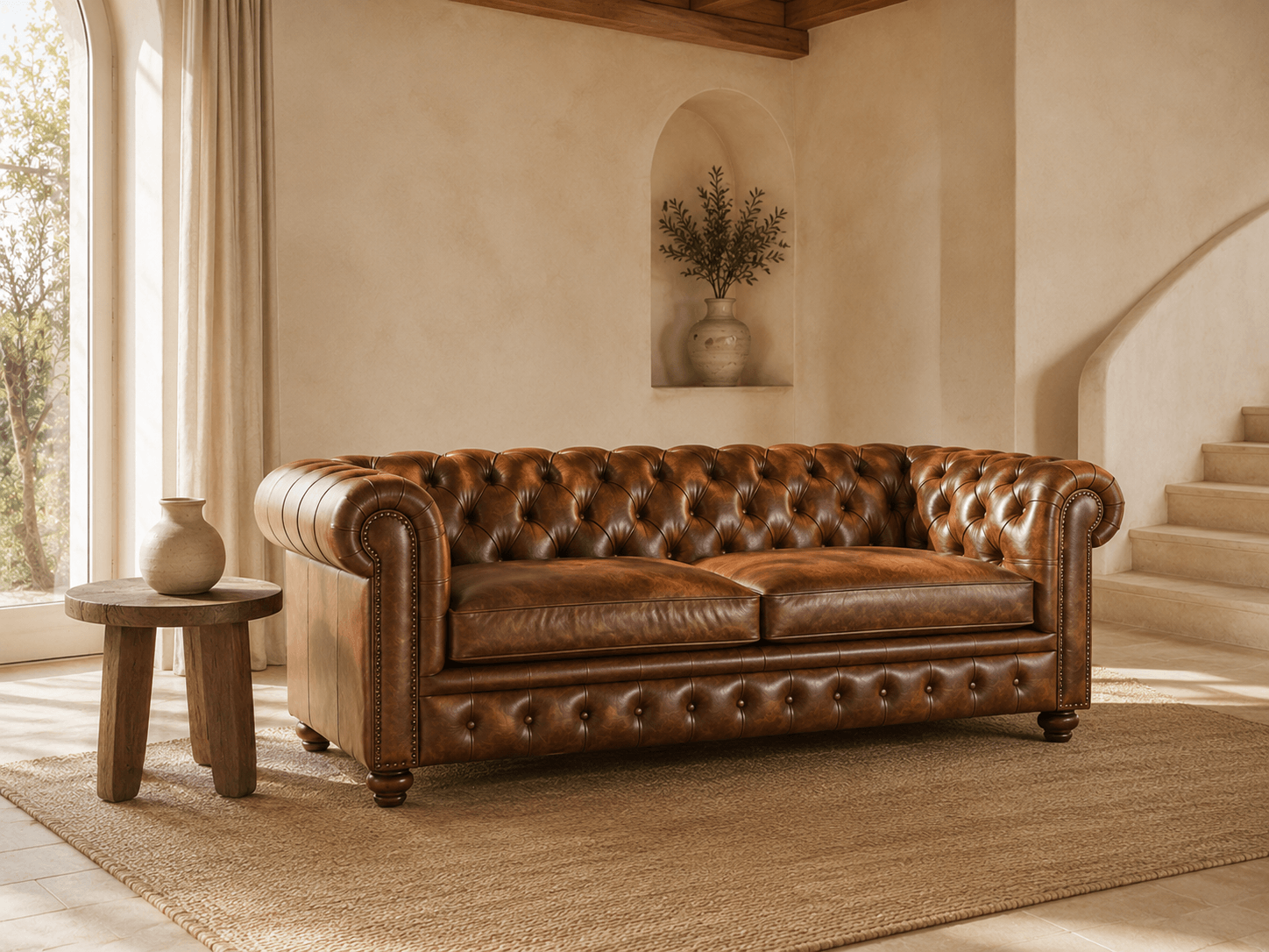 Sofá chesterfield de cuero coñac de tres cuerpos, con capitoné, tachas de bronce y patas torneadas