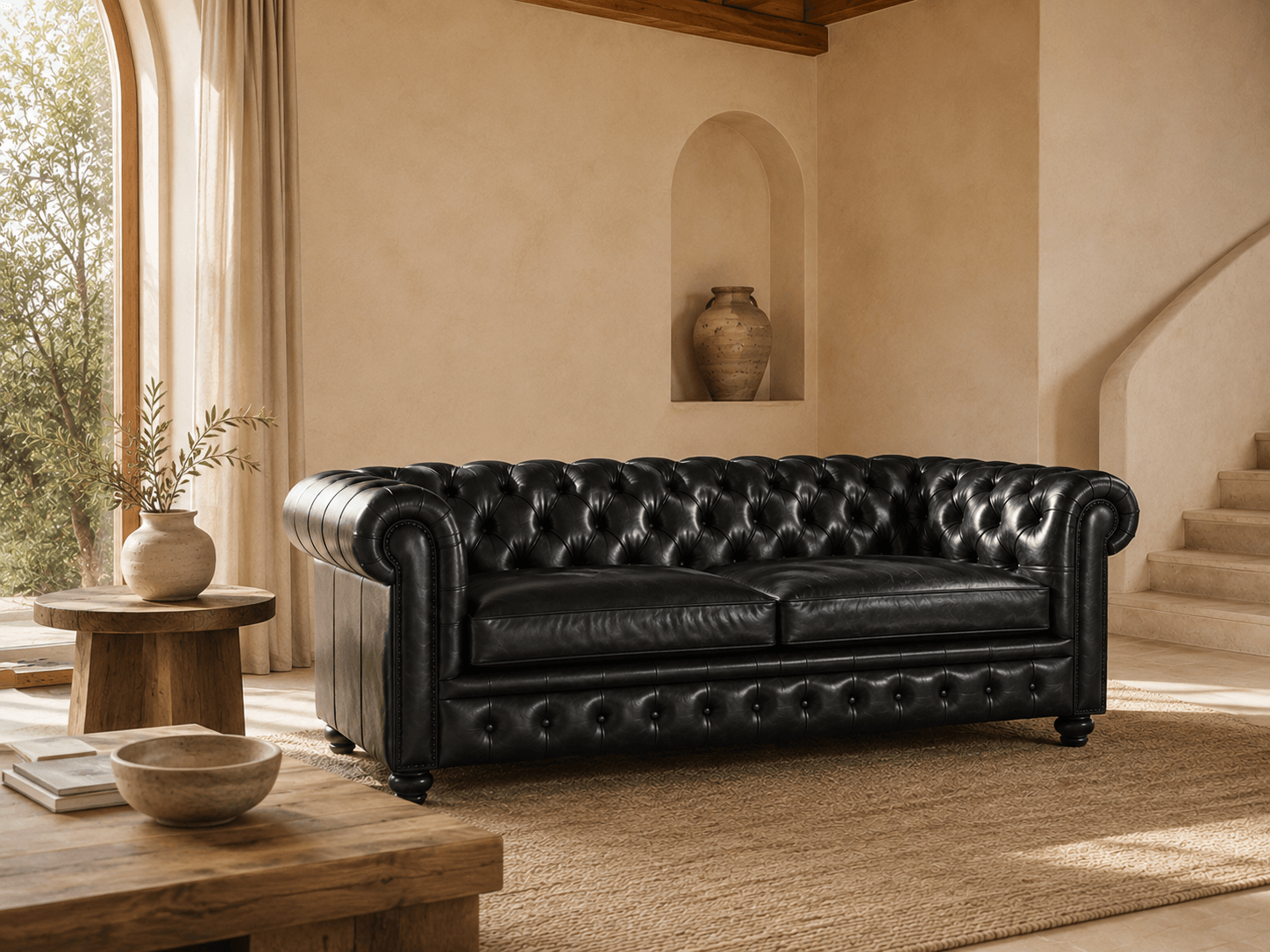 Sofá chesterfield de cuero negro con capitoné profundo y brazos enrollados