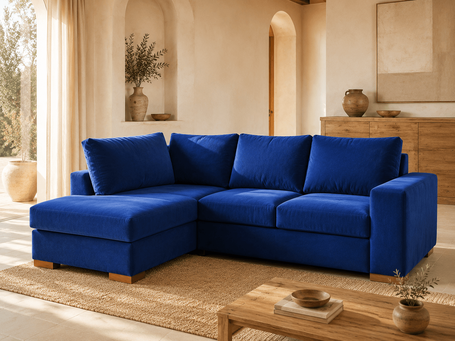 Sofá en L tapizado en azul, con chaise longue y cojines sueltos