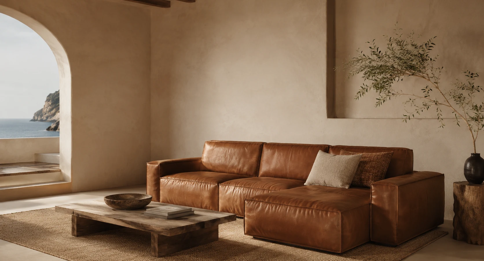 Sala de estar con sofá de cuero coñac, mesa baja de madera y vista al mar, en luz natural