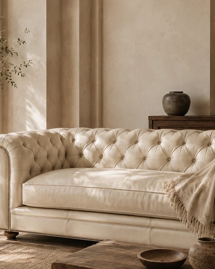 Detalle del capitoné de un chesterfield tapizado en crema, con una manta sobre el brazo